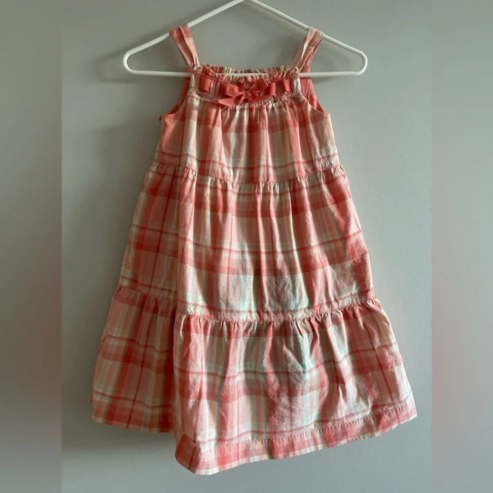 Janie & Jack toddler Girls Size 6 Pink Peach Plaid Bow Ruffle Dress